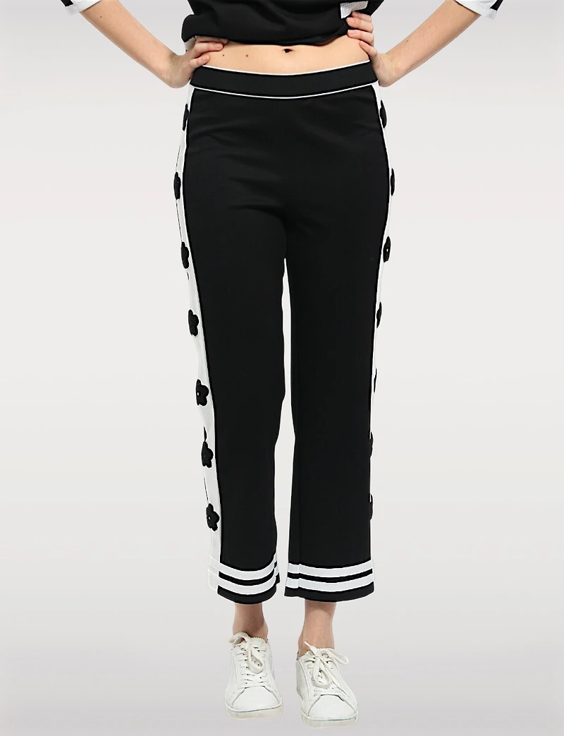 Black & White Pull-On Pants | Double-Stripe Detail Floral Appliqués by Orly