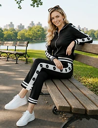 Black & White Pull-On Pants | Double-Stripe Detail Floral Appliqués by Orly