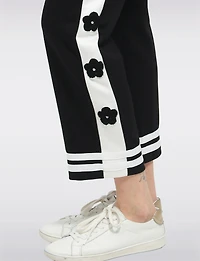 Black & White Pull-On Pants | Double-Stripe Detail Floral Appliqués by Orly