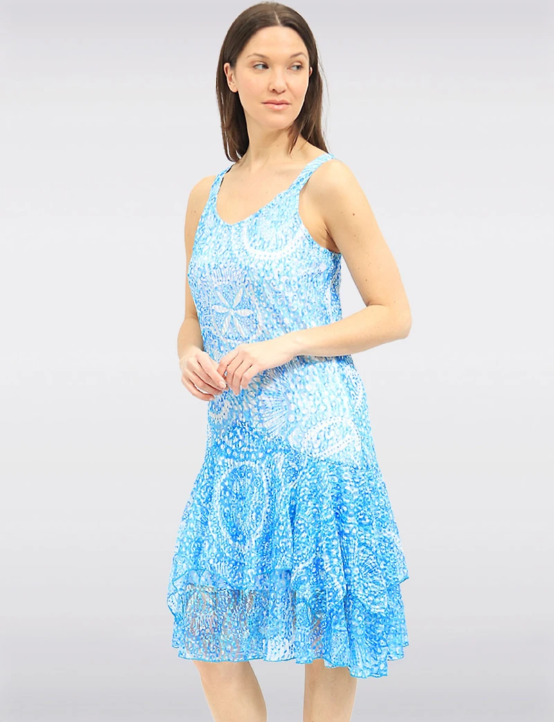 Elegant Printed Sleeveless Lined 2-Tiered Lace Dress by Tango Mango