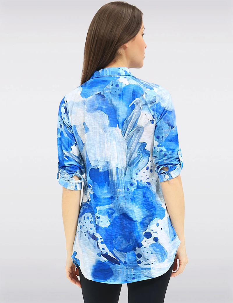 Pin Tuck Button-Up Blouse with Abstract Print & Rounded Hem by Tango Mango