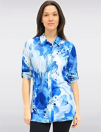 Pin Tuck Button-Up Blouse with Abstract Print & Rounded Hem by Tango Mango