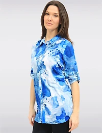 Pin Tuck Button-Up Blouse with Abstract Print & Rounded Hem by Tango Mango