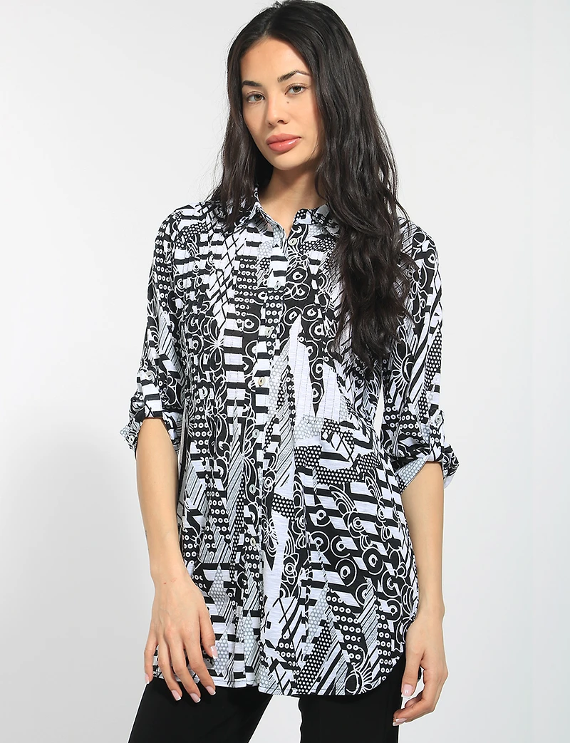 B&W Abstract Print Button-Down Tunic with Adjustable 3/4 Sleeves by Tango Mango