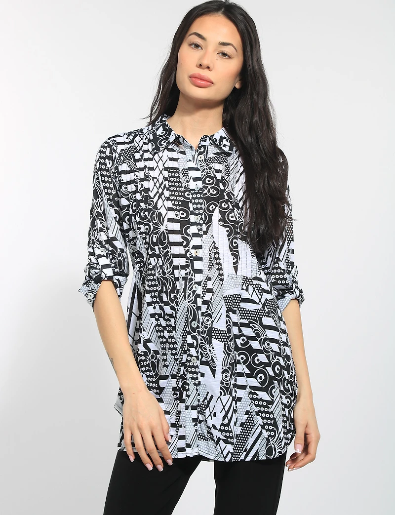B&W Abstract Print Button-Down Tunic with Adjustable 3/4 Sleeves by Tango Mango