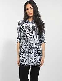 B&W Abstract Print Button-Down Tunic with Adjustable 3/4 Sleeves by Tango Mango