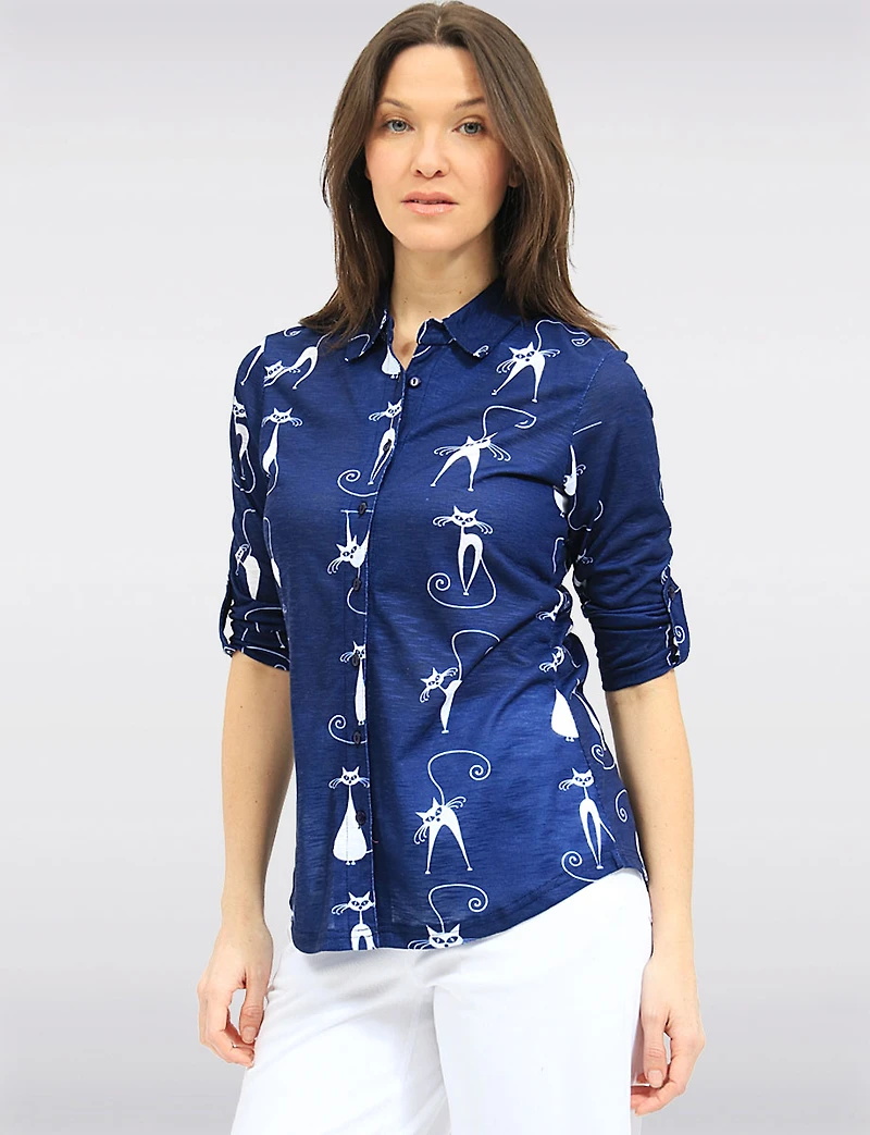 Whimsical Cat Print Button-Front Collared Blouse with 3/4 Sleeves by Tango Mango