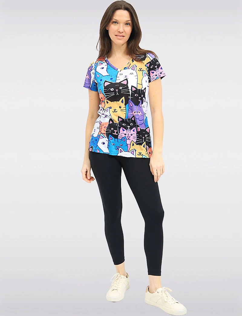 Colourful Cat Print V-Neck Short Sleeve T-Shirt with Side Slits by Tango Mango