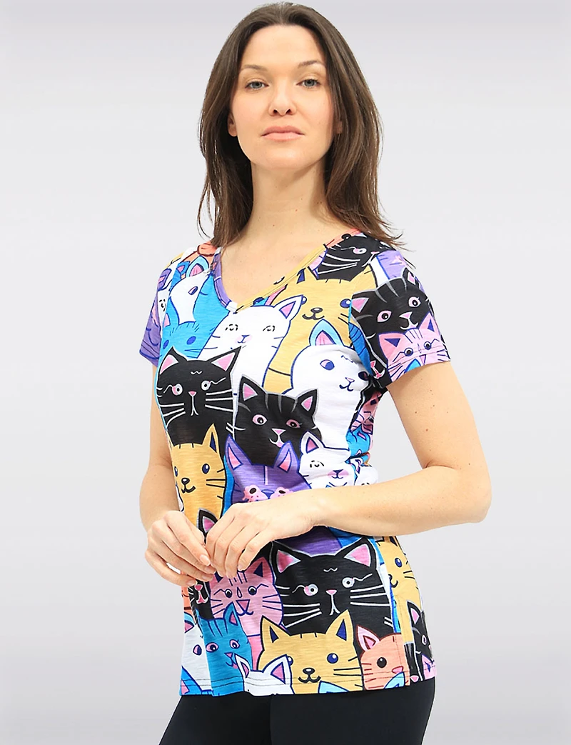 Colourful Cat Print V-Neck Short Sleeve T-Shirt with Side Slits by Tango Mango