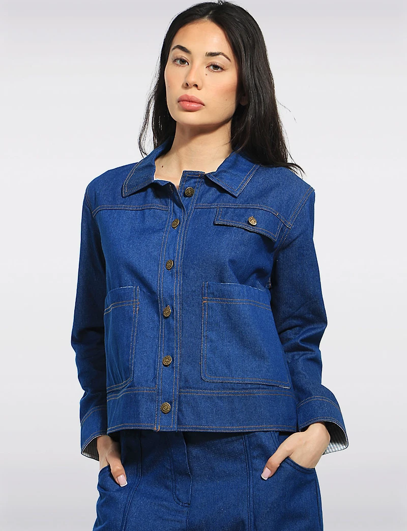Julia Paradis Lightweight Modern Fit Jean Jacket - Striped Cuffs & Collar Detail