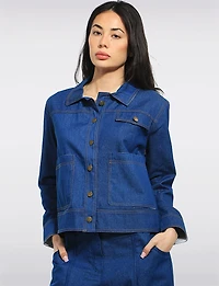 Julia Paradis Lightweight Modern Fit Jean Jacket - Striped Cuffs & Collar Detail