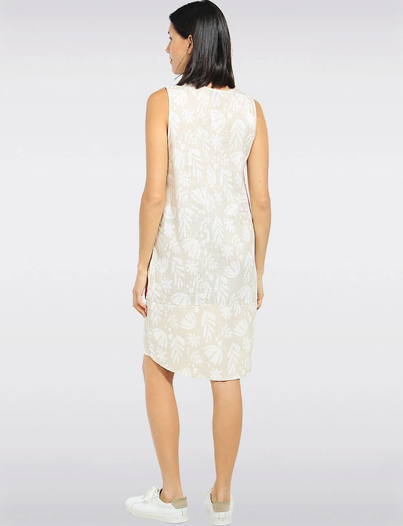 Long Printed Balloon Fit Tank Dress with Front Pockets & Asymmetric Hi-Low Hem