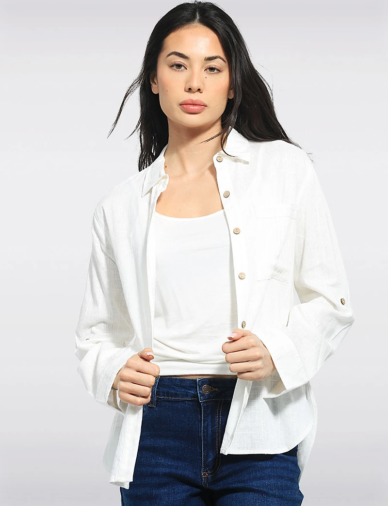 Tailored Linen Blend  Hi-Low Long-Sleeve Button-Down Airy Shirt by Julia Paradis