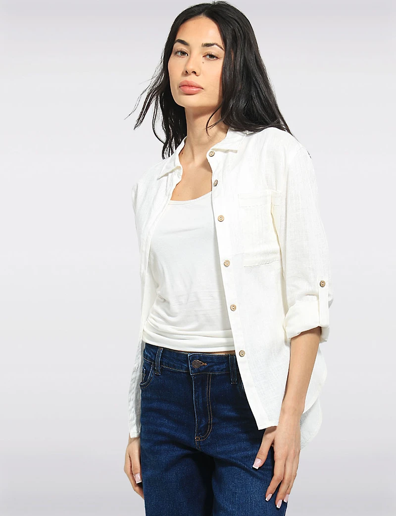 Tailored Linen Blend  Hi-Low Long-Sleeve Button-Down Airy Shirt by Julia Paradis