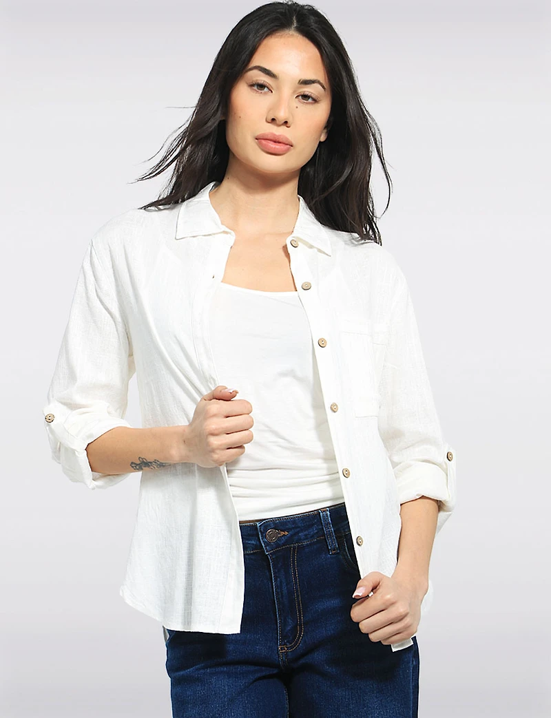 Tailored Linen Blend  Hi-Low Long-Sleeve Button-Down Airy Shirt by Julia Paradis