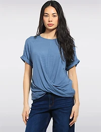 Lightweight Front-Twist Short-Sleeve Scoop Neck Stretch Top by Julia Paradis