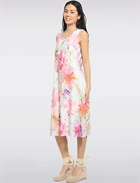 A-line Floral Print Sleeveless Midi Dress with Crisscross Neckline by Cativa