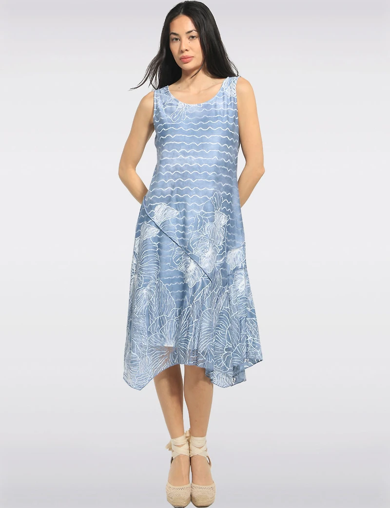 Sleeveless Wave and Burnout Floral Print A-Line Two-Tiered Midi Dress by Cativa