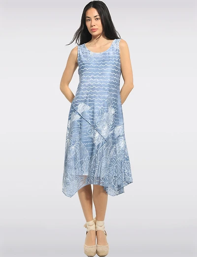 Sleeveless Wave and Burnout Floral Print A-Line Two-Tiered Midi Dress by Cativa
