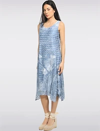Sleeveless Wave and Burnout Floral Print A-Line Two-Tiered Midi Dress by Cativa