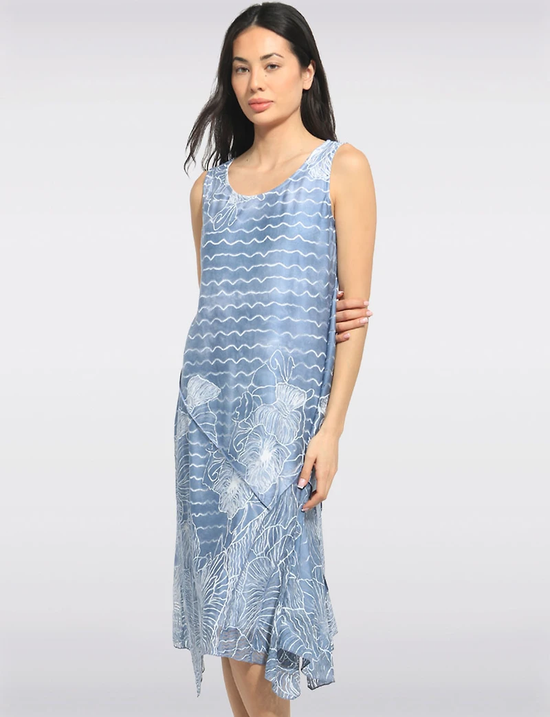 Sleeveless Wave and Burnout Floral Print A-Line Two-Tiered Midi Dress by Cativa