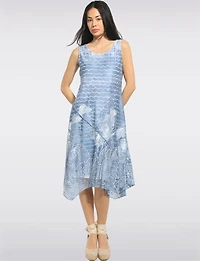 Sleeveless Wave and Burnout Floral Print A-Line Two-Tiered Midi Dress by Cativa