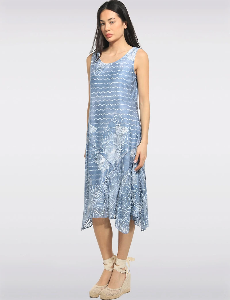 Sleeveless Wave and Burnout Floral Print A-Line Two-Tiered Midi Dress by Cativa