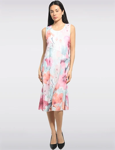 Sleeveless A-line Pink Watercolor Floral Print Lined Mid-length Dress by Cativa