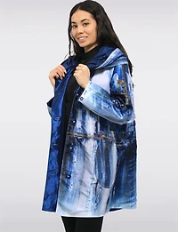 Chic Reversible Waterproof Abstract Printed Raincoat with Accordion Hood Design