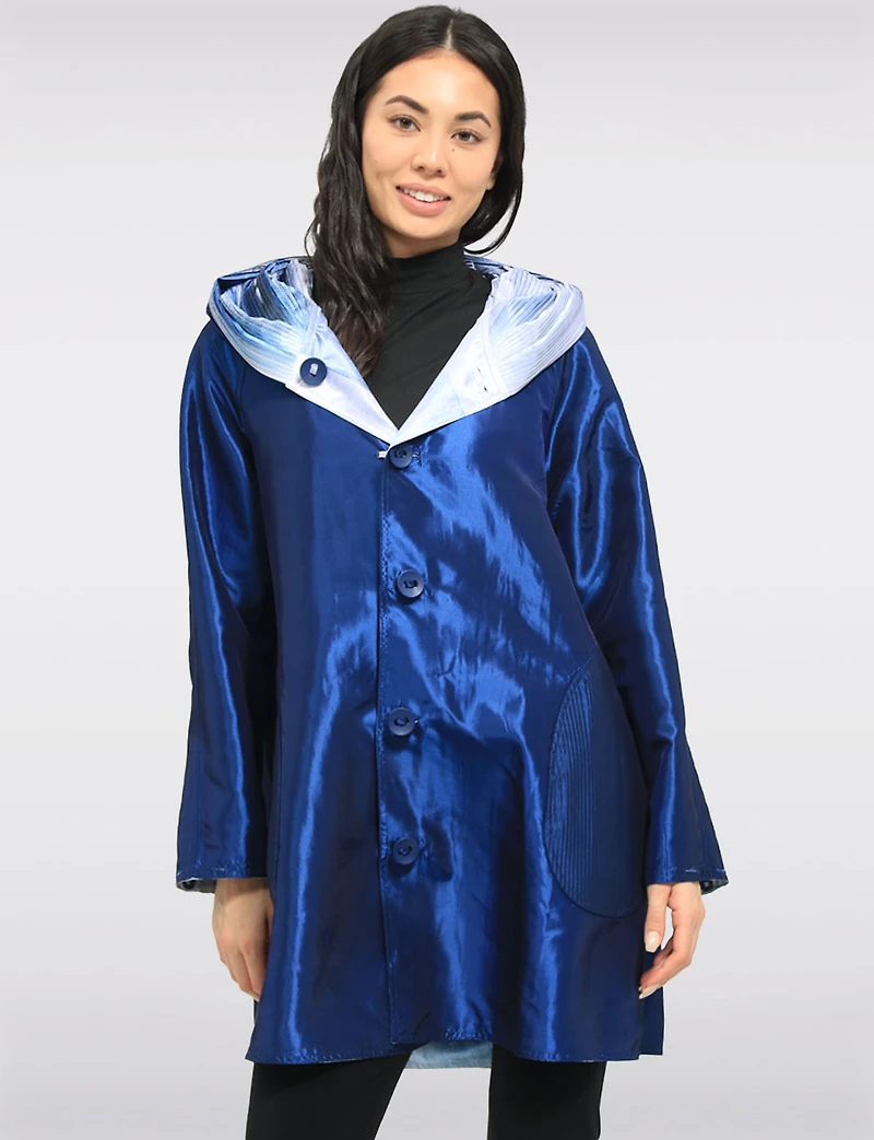 Chic Reversible Waterproof Abstract Printed Raincoat with Accordion Hood Design