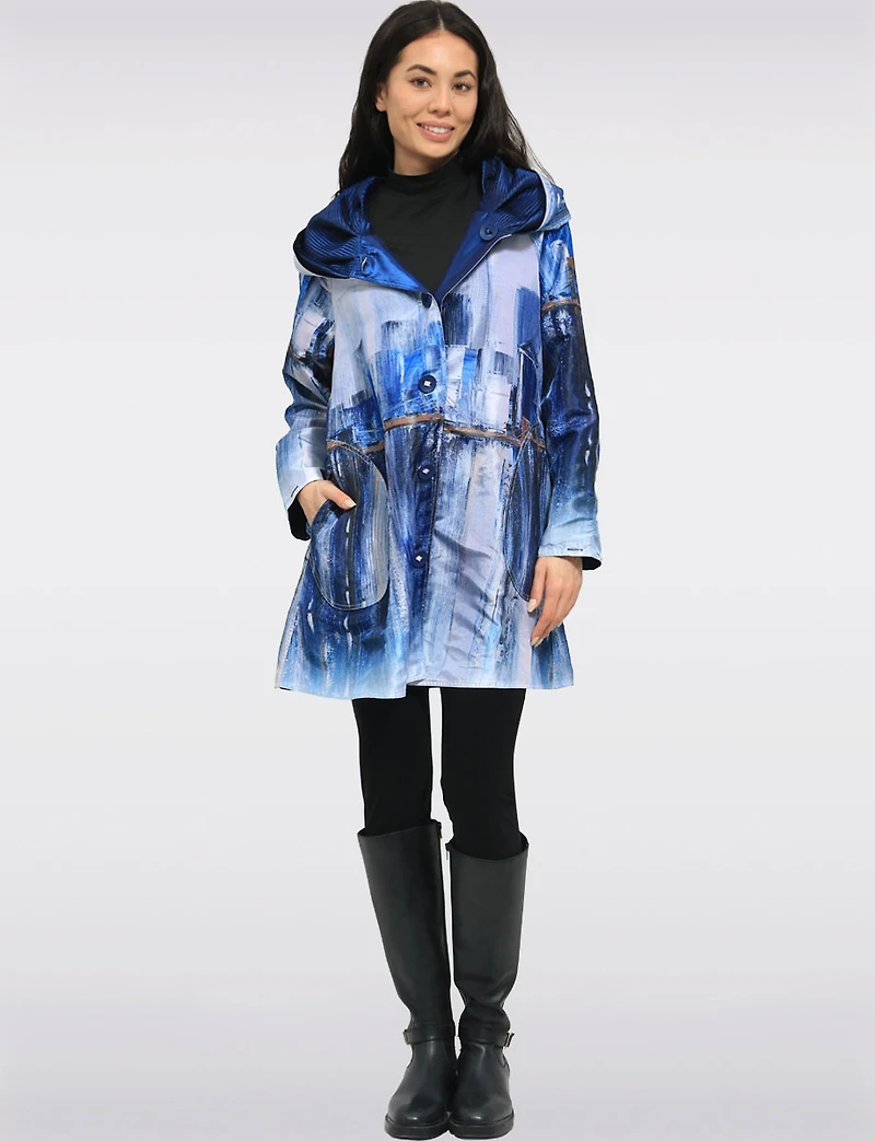 Chic Reversible Waterproof Abstract Printed Raincoat with Accordion Hood Design