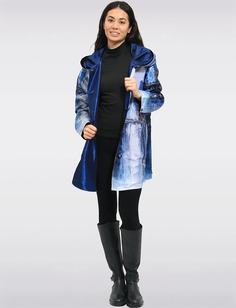 Chic Reversible Waterproof Abstract Printed Raincoat with Accordion Hood Design