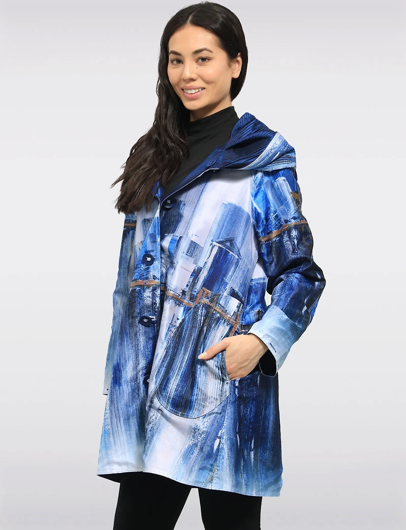 Chic Reversible Waterproof Abstract Printed Raincoat with Accordion Hood Design