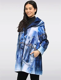 Chic Reversible Waterproof Abstract Printed Raincoat with Accordion Hood Design