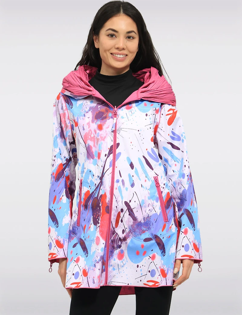 Chic Reversible Waterproof Bold Printed Raincoat with Accordion Hood Design