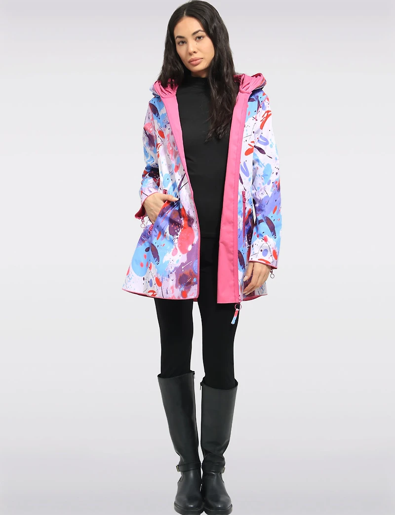 Chic Reversible Waterproof Bold Printed Raincoat with Accordion Hood Design