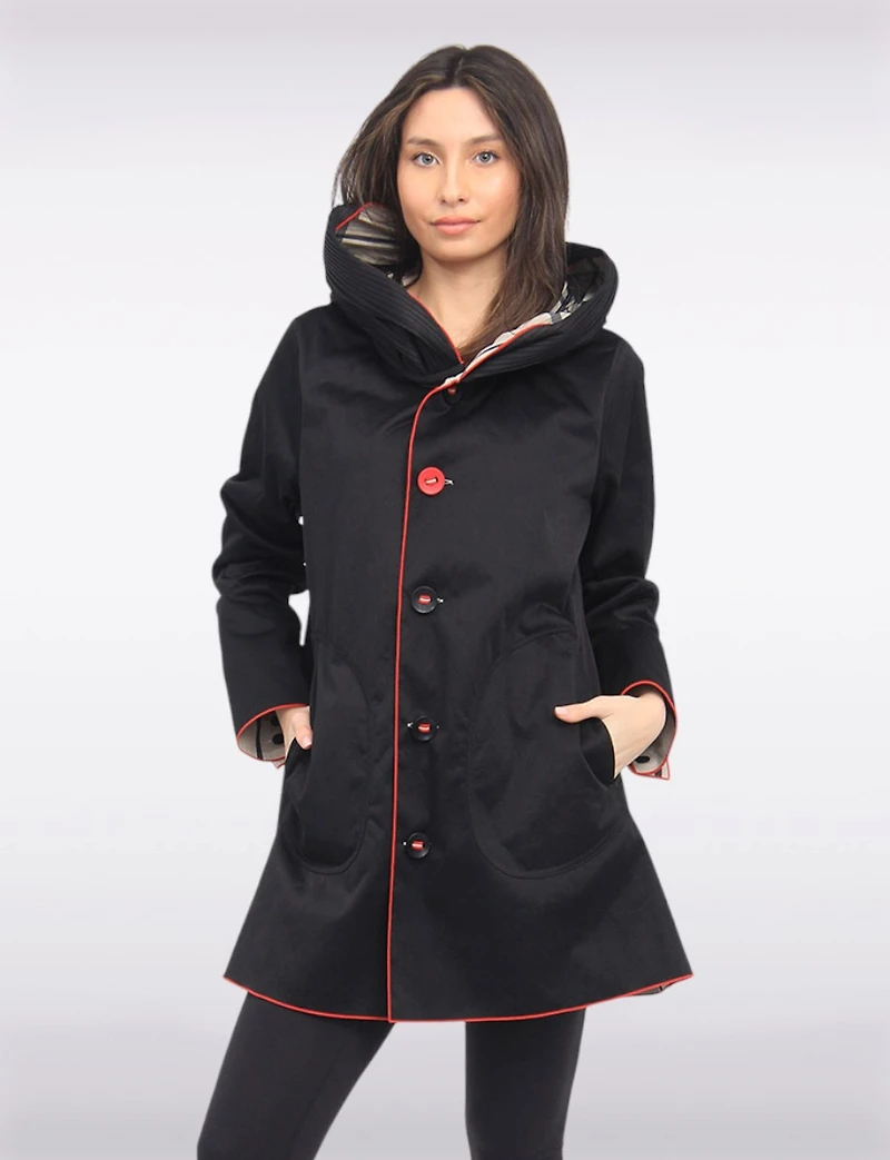 Reversible Waterproof Plaid Hooded Raincoat –Accordion Hood Detail with Red Trim