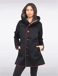 Reversible Waterproof Plaid Hooded Raincoat –Accordion Hood Detail with Red Trim