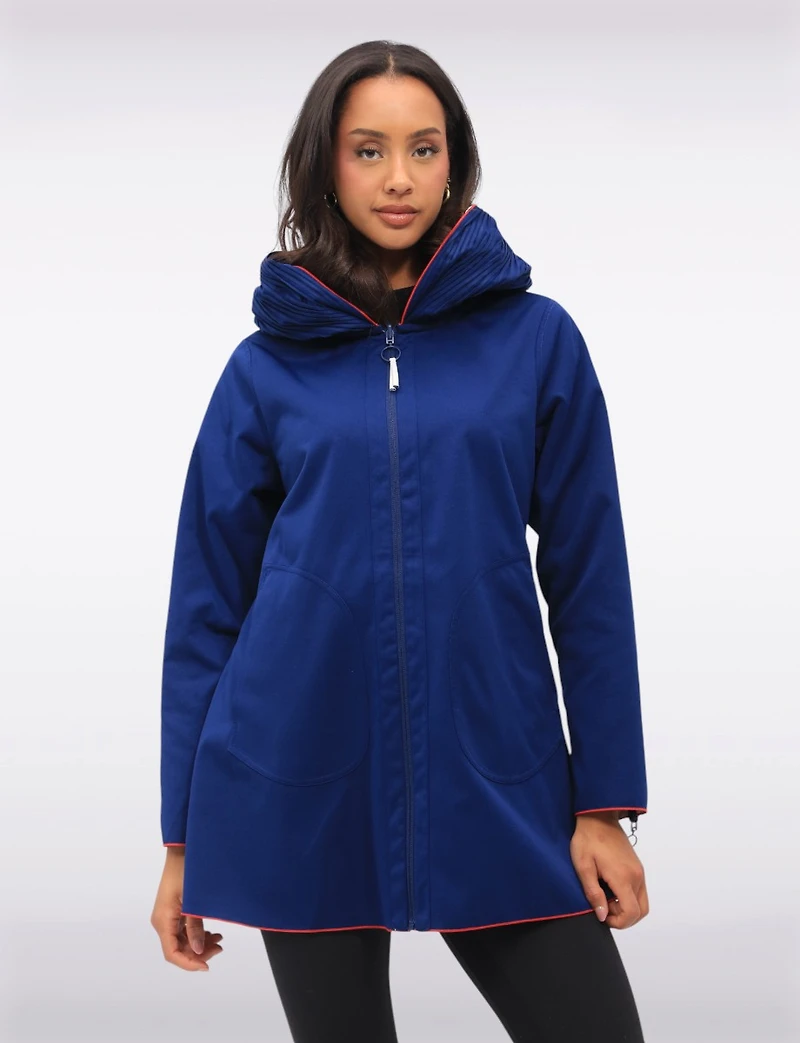 Chic Reversible Waterproof Raincoat with Accordion Style Hood & Red Trim Details
