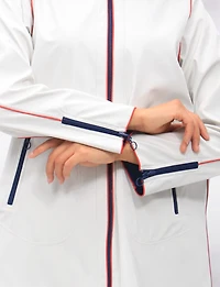 Chic Reversible Waterproof Raincoat with Accordion Style Hood & Red Trim Details