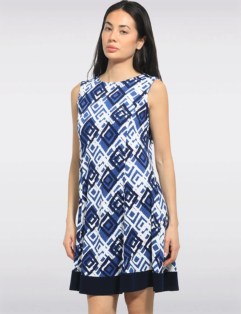 A-line Sleeveless Geometric Printed Dress with Contrast Hem by Perle