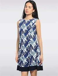 A-line Sleeveless Geometric Printed Dress with Contrast Hem by Perle