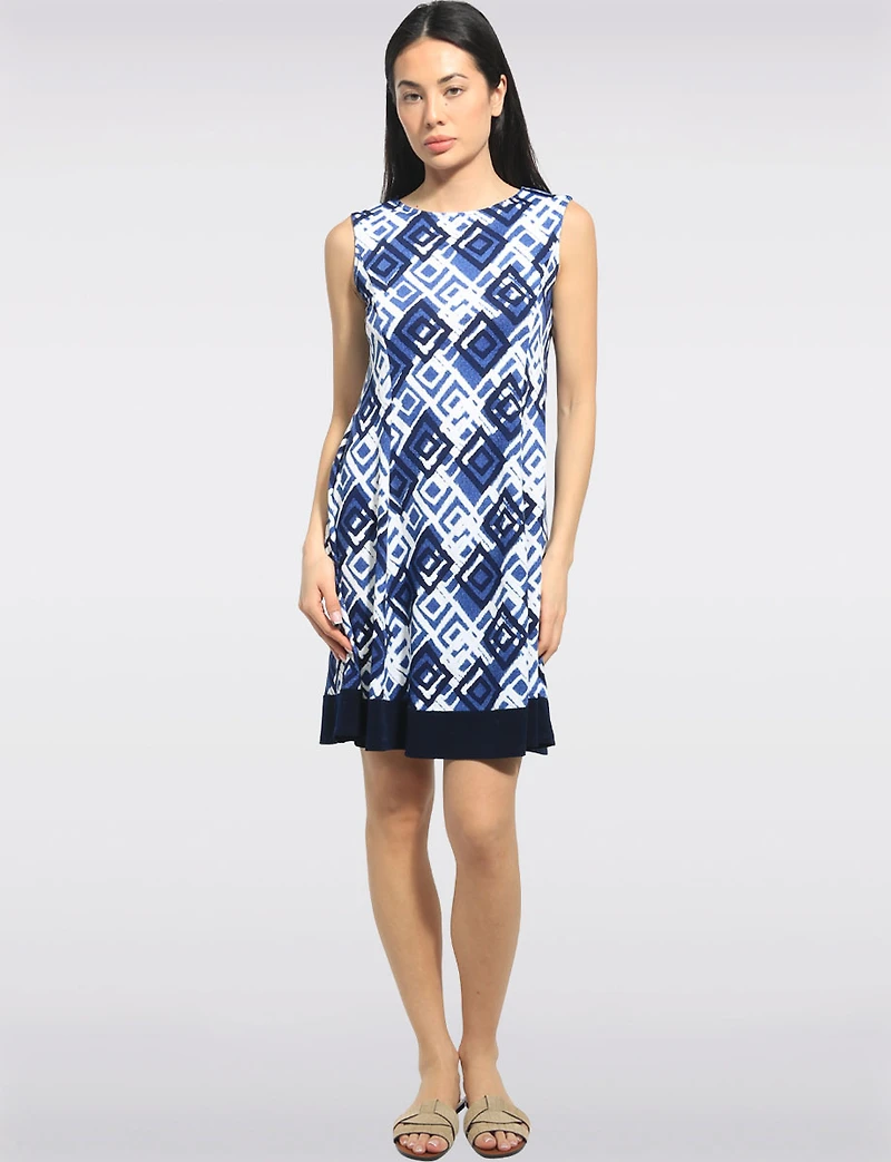 A-line Sleeveless Geometric Printed Dress with Contrast Hem by Perle