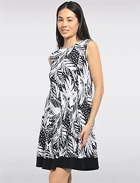 A-line Sleeveless Palm Leaf and Polka Dot Print Dress with Contrast Hem by Perle