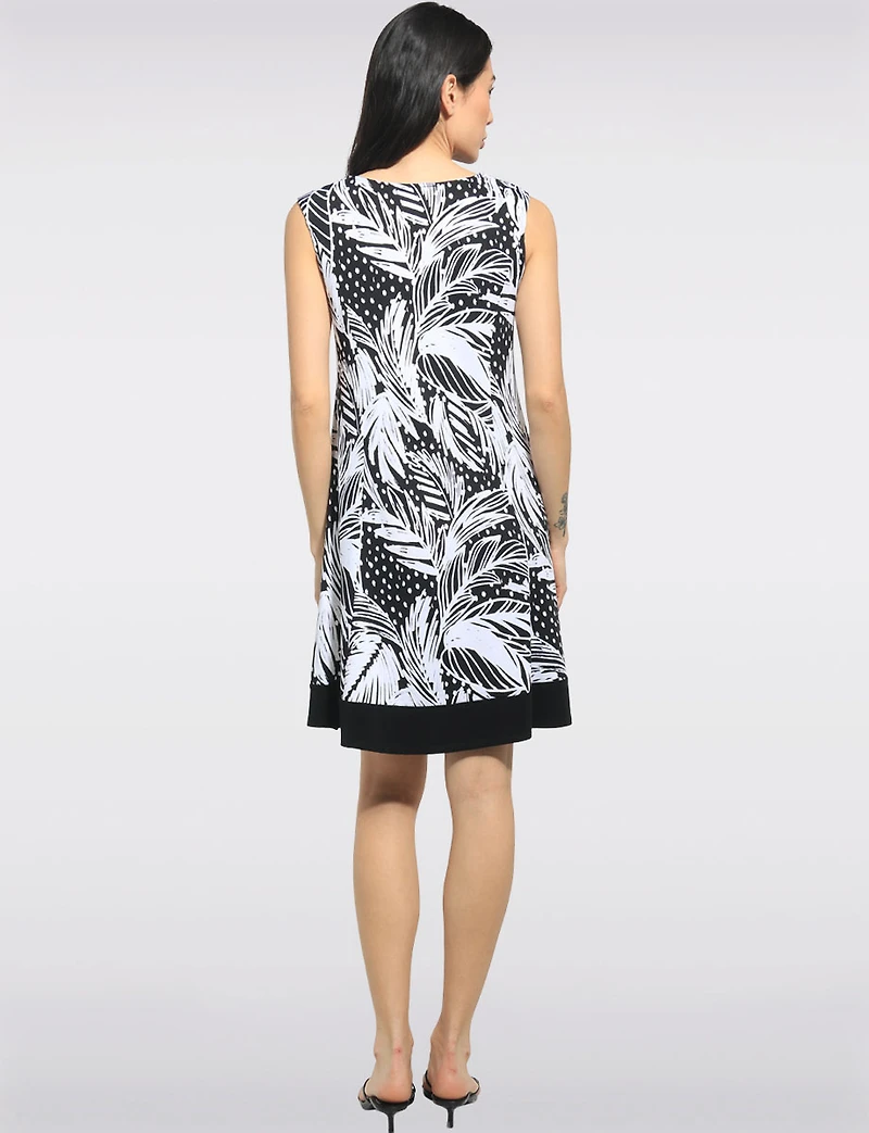 A-line Sleeveless Palm Leaf and Polka Dot Print Dress with Contrast Hem by Perle