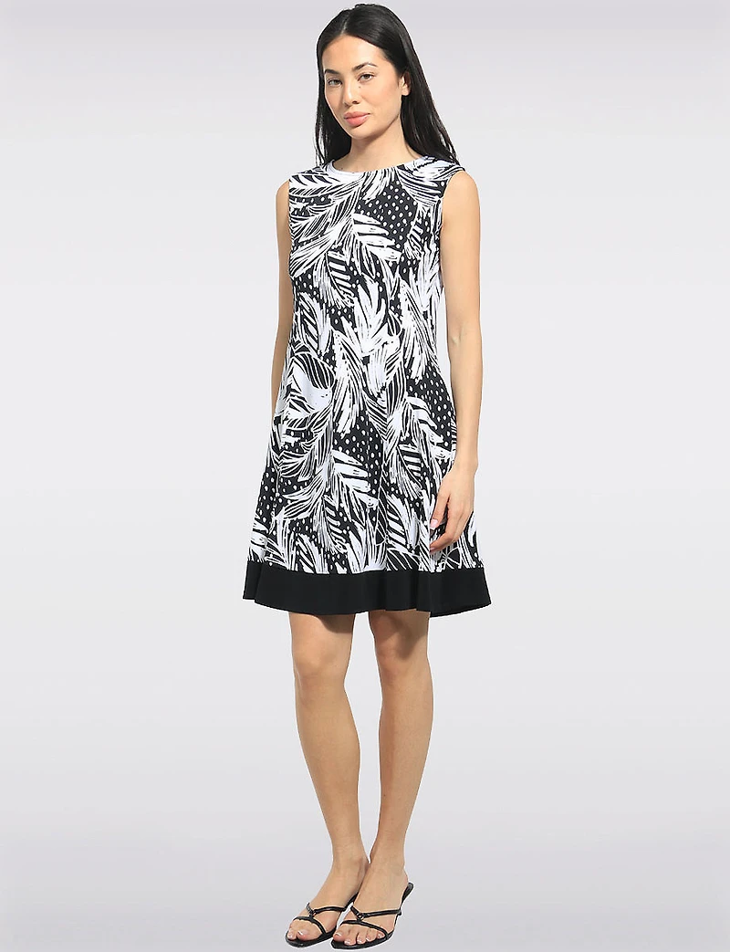 A-line Sleeveless Palm Leaf and Polka Dot Print Dress with Contrast Hem by Perle