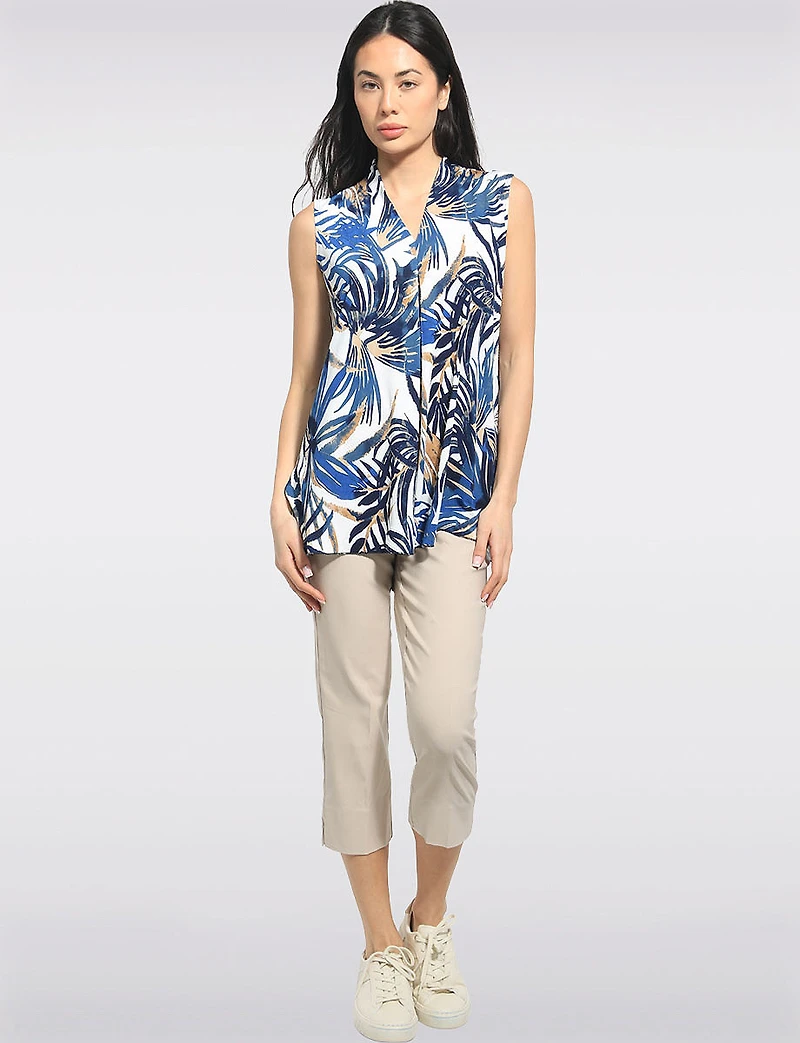 Tropical Multi-Colour Leaf Print Sleeveless V-neck Top With Front Pleat by Perle