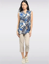 Tropical Multi-Colour Leaf Print Sleeveless V-neck Top With Front Pleat by Perle