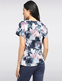 Abstract Paint Print Stretchy Knit Cap Sleeve Scoop Neck Top by Perle