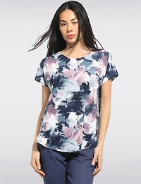 Abstract Paint Print Stretchy Knit Cap Sleeve Scoop Neck Top by Perle